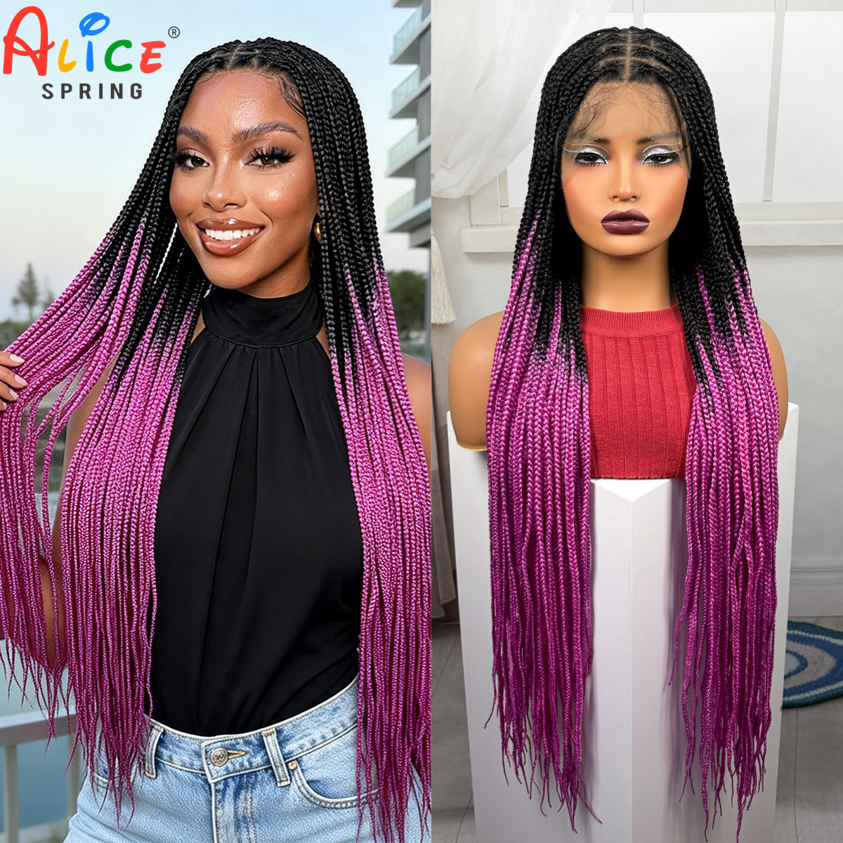 Synthetic Braided Wigs For Black Women - 36 inch lange roze gekleurde box