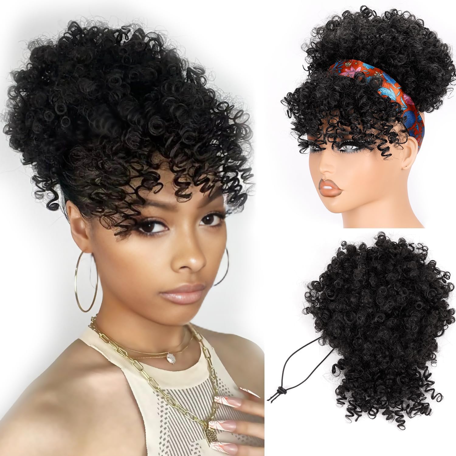 Drawstring Afro Curly Puff Ponytail - Kort trekkoord paardenstaart haarstukje met pony