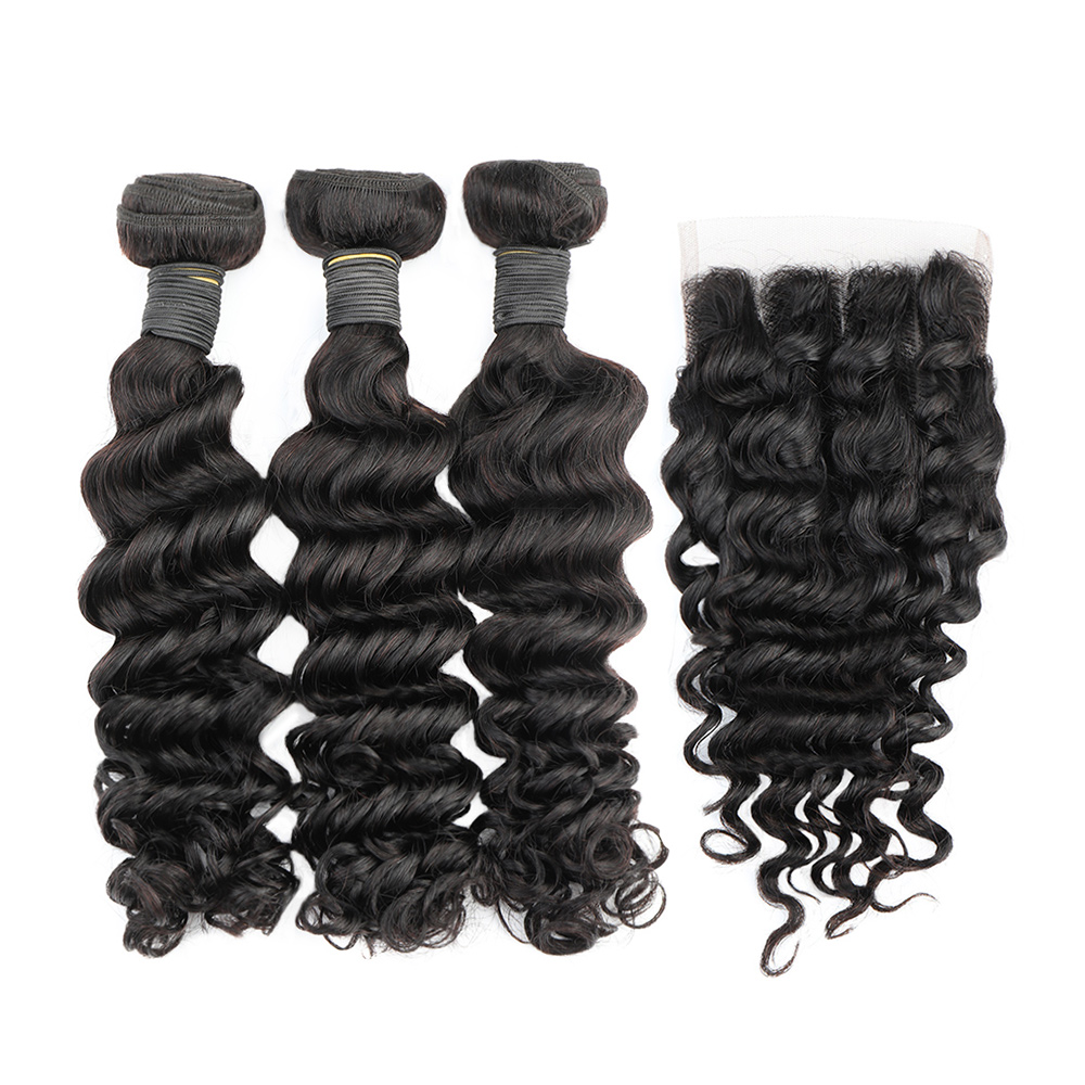 Deep Wave 3 Bundles With Closure - Diepe Golf Bundels Met Sluiting Braziliaanse